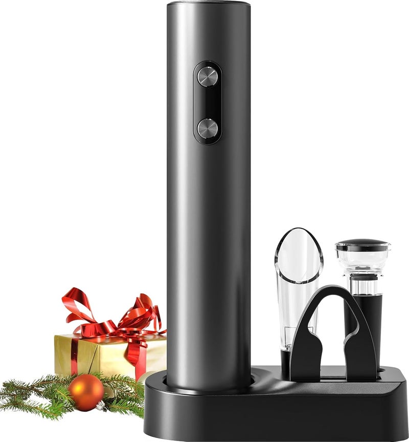 AtomDream Tech Electric Wine Opener Set, Electric Wine Bottle Opener with Storage Base/Wine Aerator Pourer/Foil Cutter/Wine Stopper (Black, Battery Operated, 4 x AA Batteries Not Included) - Image 1